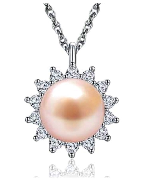 Pure natural pearl Set and 925 sterling silver with crystal NP870005(necklace- pair of earrings -ring whose size can be adjusted) +Jewelry storing box (Pink)