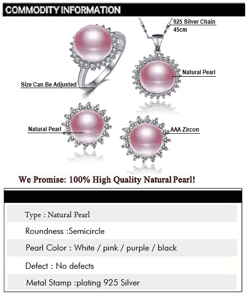Pure natural pearl Set and 925 sterling silverwith crystal NP870005(necklace- pair of earrings -ring whose size can be adjusted) +Jewelry storing box (Purple)