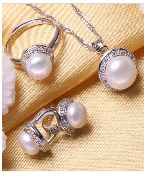 Pure natural pearl Set and 925 sterling silver with crystal NP870006 (necklace- pair of earrings -ring whose size can be adjusted)+Jewelry storing box (White)