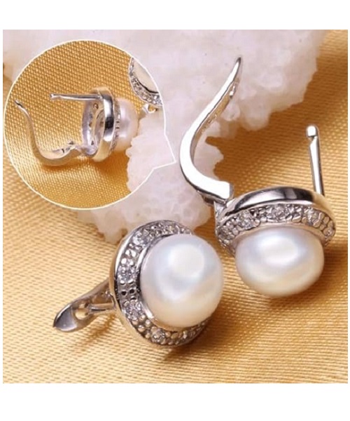 Pure natural pearl Set and 925 sterling silver with crystal NP870006 (necklace- pair of earrings -ring whose size can be adjusted)+Jewelry storing box (White)