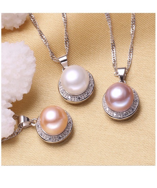 Pure natural pearl Set and 925 sterling silver with crystal NP870006(necklace- pair of earrings -ring whose size can be adjusted) +Jewelry storing box (Pink)