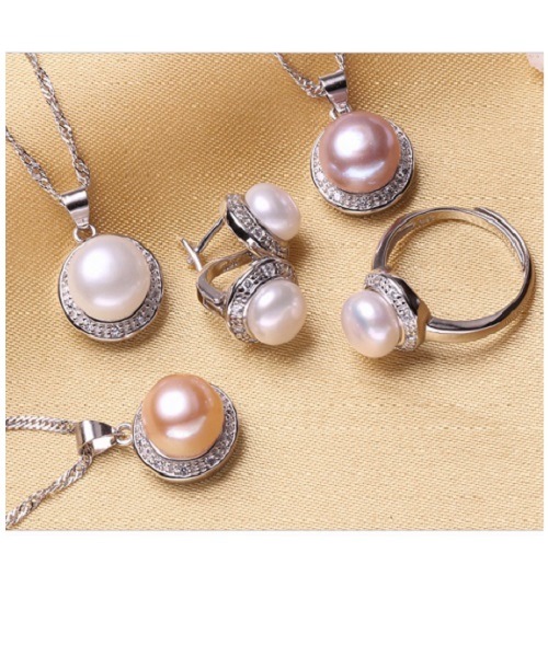 Pure natural pearl Set and 925 sterling silver with crystal NP870006(necklace- pair of earrings -ring whose size can be adjusted) +Jewelry storing box (Pink)