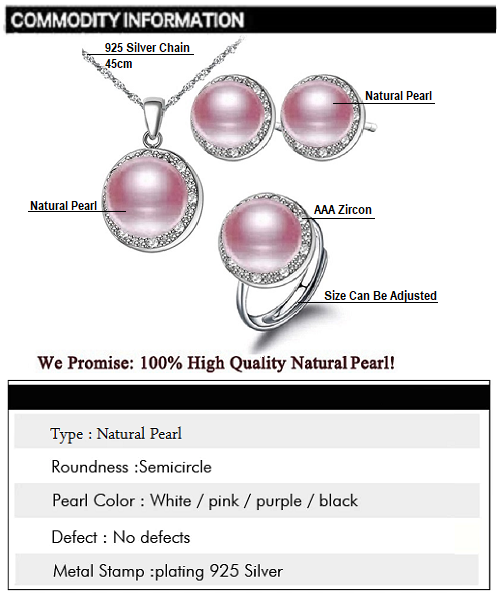 Pure natural pearl Set and 925 sterling silverwith crystal NP870006(necklace- pair of earrings -ring whose size can be adjusted) +Jewelry storing box (Purple)