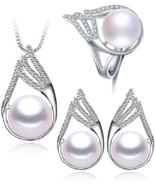 Pure natural pearl Set and 925 sterling silver with crystal NP870007 (necklace- pair of earrings -ring whose size can be adjusted)+Jewelry storing box (White)