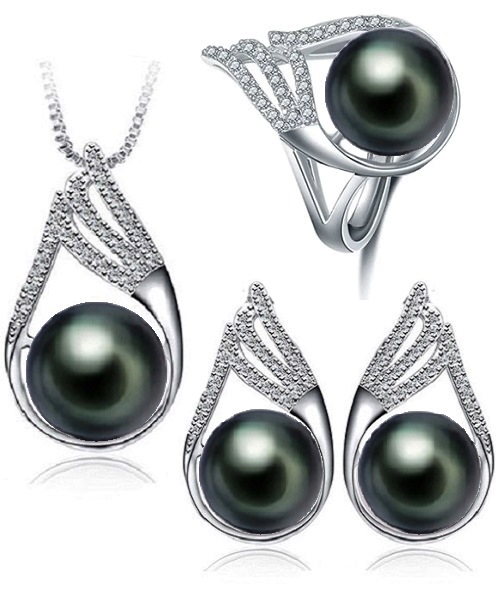 Pure natural pearl Set and 925 sterling silver with crystal NP870007(necklace- pair of earrings -ring whose size can be adjusted) +Jewelry storing box (Black)