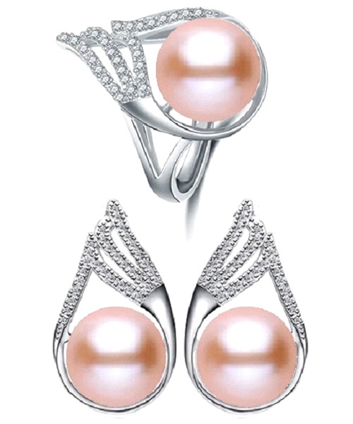 Pure natural pearl Set and 925 sterling silver with crystal NP870007(necklace- pair of earrings -ring whose size can be adjusted) +Jewelry storing box (Pink)