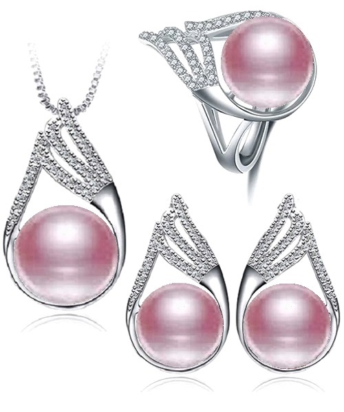 Pure natural pearl Set and 925 sterling silverwith crystal NP870007(necklace- pair of earrings -ring whose size can be adjusted) +Jewelry storing box (Purple)