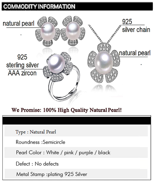 Pure natural pearl Set and 925 sterling silver with crystal NP870008(necklace- pair of earrings -ring whose size can be adjusted)+Jewelry storing box (White)