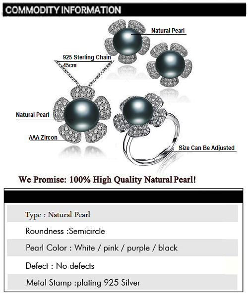 Pure natural pearl Set and 925 sterling silver with crystal NP870008(necklace- pair of earrings -ring whose size can be adjusted) +Jewelry storing box (Black)