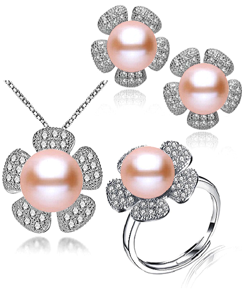 Pure natural pearl Set and 925 sterling silver with crystal NP870008(necklace- pair of earrings -ring whose size can be adjusted) +Jewelry storing box (Pink)