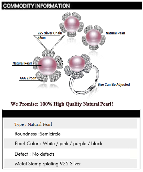 Pure natural pearl Set and 925 sterling silverwith crystal NP870008(necklace- pair of earrings -ring whose size can be adjusted) +Jewelry storing box (Purple)