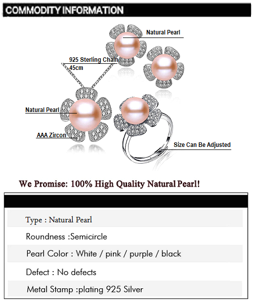 Pure natural pearl Set and 925 sterling silver with crystal NP870008(necklace- pair of earrings -ring whose size can be adjusted) +Jewelry storing box (Pink)