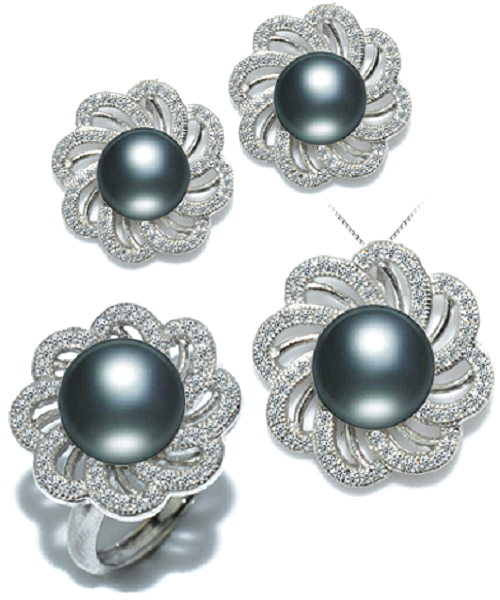 Pure natural pearl Set and 925 sterling silver with crystal NP870009(necklace- pair of earrings -ring whose size can be adjusted) +Jewelry storing box (Black)