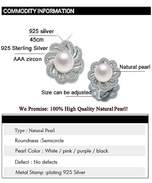 Pure natural pearl Set and 925 sterling silver with crystal NP870009(necklace- pair of earrings -ring whose size can be adjusted)+Jewelry storing box (White)