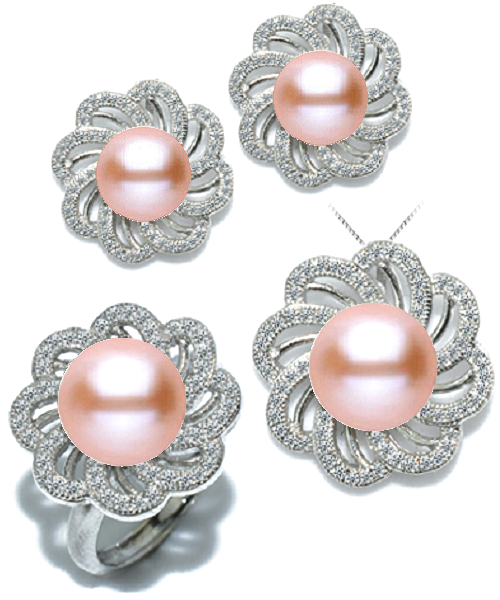 Pure natural pearl Set and 925 sterling silver with crystal NP870009(necklace- pair of earrings -ring whose size can be adjusted) +Jewelry storing box (Pink)