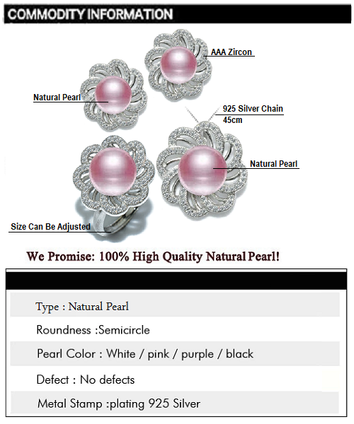 Pure natural pearl Set and 925 sterling silverwith crystal NP870009(necklace- pair of earrings -ring whose size can be adjusted) +Jewelry storing box (Purple)