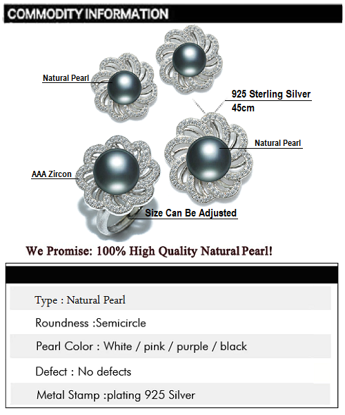 Pure natural pearl Set and 925 sterling silver with crystal NP870009(necklace- pair of earrings -ring whose size can be adjusted) +Jewelry storing box (Black)