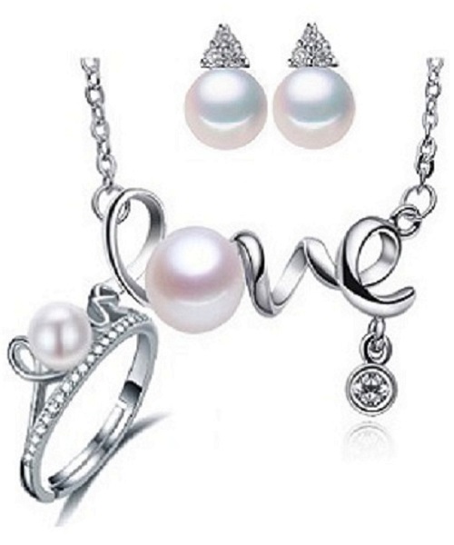 Pure natural pearl Set and 925 sterling silver with crystal NP870010 (necklace- pair of earrings -ring whose size can be adjusted)+Jewelry storing box (White)