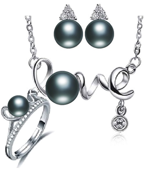 Pure natural pearl Set and 925 sterling silver with crystal NP870010 (necklace- pair of earrings -ring whose size can be adjusted) +Jewelry storing box (Black)