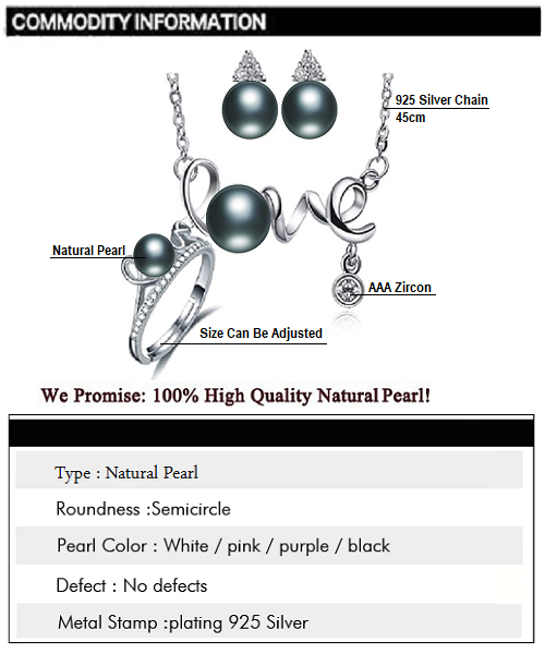 Pure natural pearl Set and 925 sterling silver with crystal NP870010 (necklace- pair of earrings -ring whose size can be adjusted) +Jewelry storing box (Black)