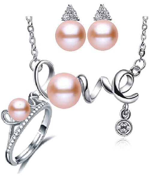 Pure natural pearl Set and 925 sterling silver with crystal NP870010(necklace- pair of earrings -ring whose size can be adjusted) +Jewelry storing box (Pink)
