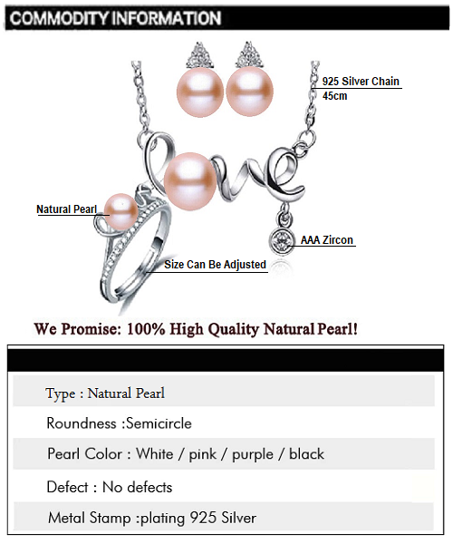 Pure natural pearl Set and 925 sterling silver with crystal NP870010(necklace- pair of earrings -ring whose size can be adjusted) +Jewelry storing box (Pink)