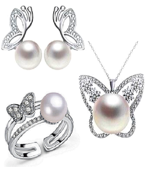 Pure natural pearl Set and 925 sterling silver with crystal NP870011 (necklace- pair of earrings -ring whose size can be adjusted)+Jewelry storing box (White)