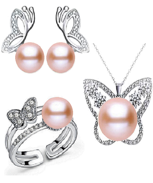 Pure natural pearl Set and 925 sterling silver with crystal NP870011(necklace- pair of earrings -ring whose size can be adjusted) +Jewelry storing box (Pink)