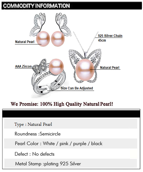 Pure natural pearl Set and 925 sterling silver with crystal NP870011(necklace- pair of earrings -ring whose size can be adjusted) +Jewelry storing box (Pink)