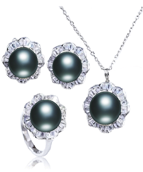 Pure natural pearl Set and 925 sterling silver with crystal NP870012(necklace- pair of earrings -ring whose size can be adjusted) +Jewelry storing box (Black)