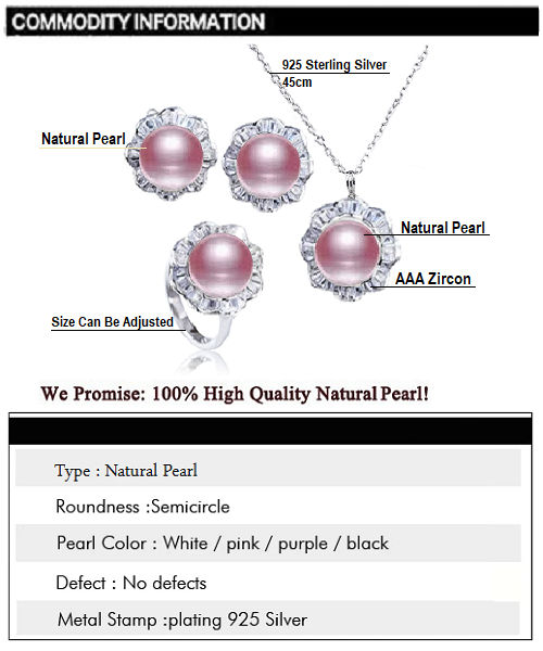 Pure natural pearl Set and 925 sterling silverwith crystal NP870012(necklace- pair of earrings -ring whose size can be adjusted) +Jewelry storing box (Purple)