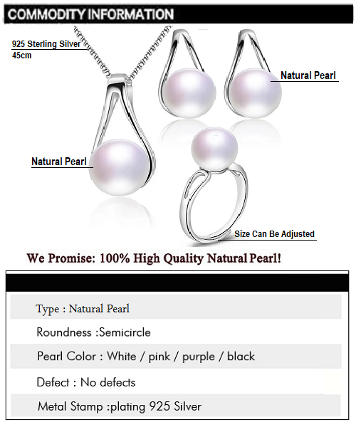 Pure natural pearl Set and 925 sterling silver with crystal NP870013(necklace- pair of earrings -ring whose size can be adjusted)+Jewelry storing box (White)