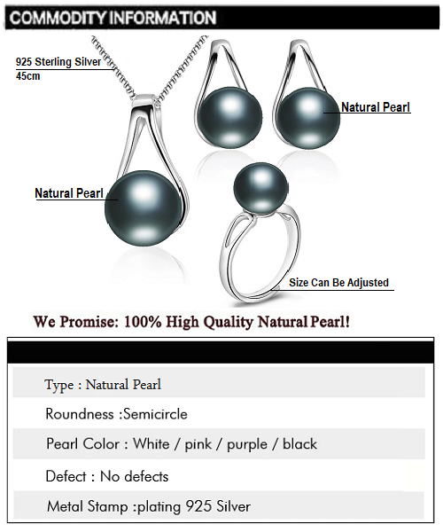 Pure natural pearl Set and 925 sterling silver with crystal NP870013(necklace- pair of earrings -ring whose size can be adjusted) +Jewelry storing box (Black)