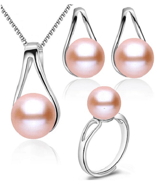 Pure natural pearl Set and 925 sterling silver with crystal NP870013(necklace- pair of earrings -ring whose size can be adjusted) +Jewelry storing box (Pink)