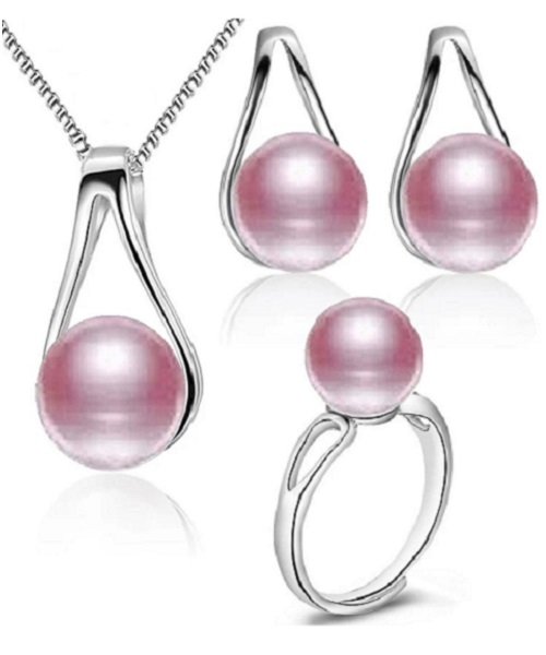 Pure natural pearl Set and 925 sterling silverwith crystal NP870013(necklace- pair of earrings -ring whose size can be adjusted) +Jewelry storing box (Purple)