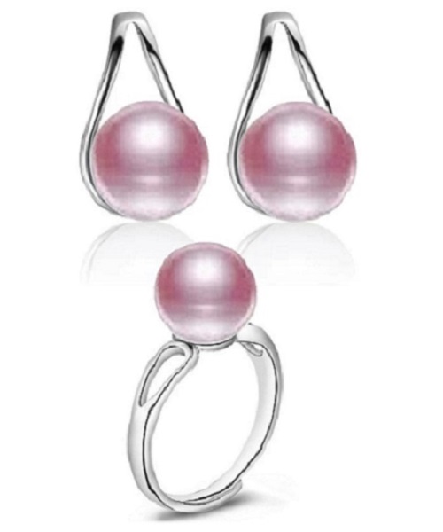 Pure natural pearl Set and 925 sterling silverwith crystal NP870013(necklace- pair of earrings -ring whose size can be adjusted) +Jewelry storing box (Purple)