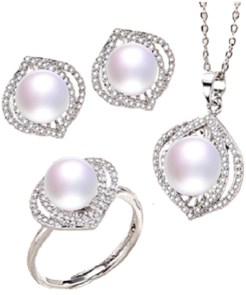 Pure natural pearl Set and 925 sterling silver with crystal NP870014(necklace- pair of earrings -ring whose size can be adjusted)+Jewelry storing box (White)