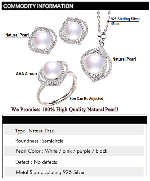 Pure natural pearl Set and 925 sterling silver with crystal NP870014(necklace- pair of earrings -ring whose size can be adjusted)+Jewelry storing box (White)