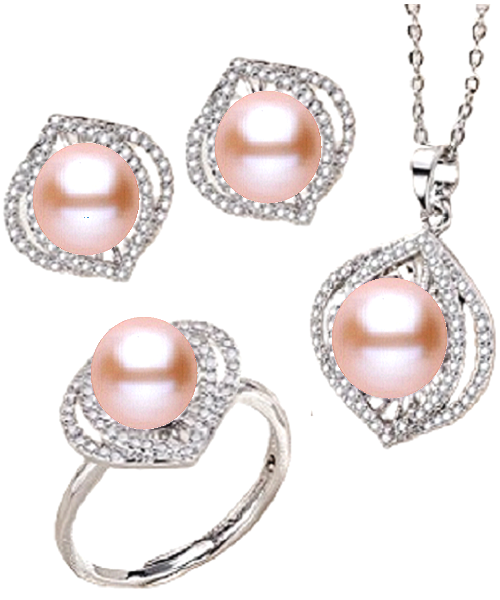 Pure natural pearl Set and 925 sterling silver with crystal NP870014(necklace- pair of earrings -ring whose size can be adjusted) +Jewelry storing box (Pink)