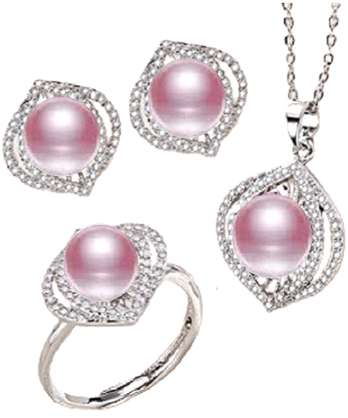 Pure natural pearl Set and 925 sterling silverwith crystal NP870014(necklace- pair of earrings -ring whose size can be adjusted) +Jewelry storing box (Purple)