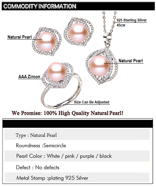 Pure natural pearl Set and 925 sterling silver with crystal NP870014(necklace- pair of earrings -ring whose size can be adjusted) +Jewelry storing box (Pink)