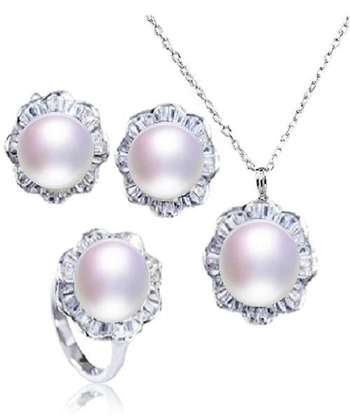 Pure natural pearl Set and 925 sterling silver with crystal NP870012 (necklace- pair of earrings -ring whose size can be adjusted)+Jewelry storing box (White)