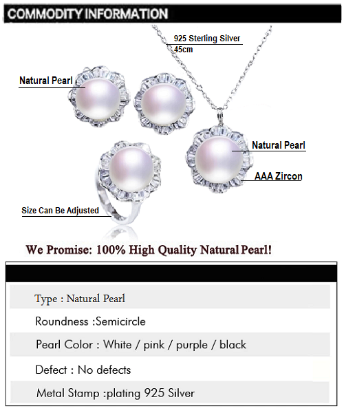 Pure natural pearl Set and 925 sterling silver with crystal NP870012 (necklace- pair of earrings -ring whose size can be adjusted)+Jewelry storing box (White)