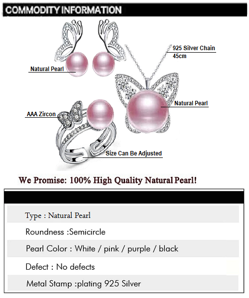 Pure natural pearl Set and 925 sterling silverwith crystal NP870011(necklace- pair of earrings -ring whose size can be adjusted) +Jewelry storing box (Purple)