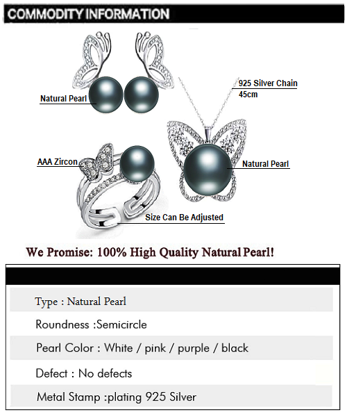 Pure natural pearl Set and 925 sterling silver with crystal NP870011 (necklace- pair of earrings -ring whose size can be adjusted) +Jewelry storing box (Black)