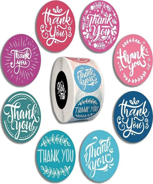 ”A circular sticker decorated with the phrase  “Thank You