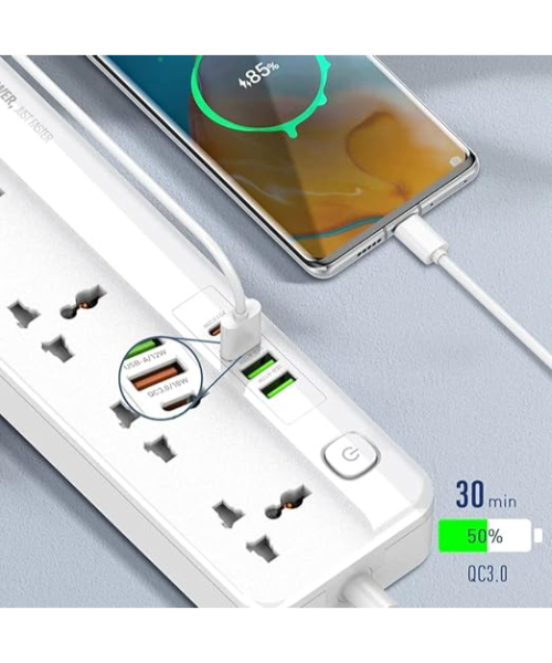 LDNIO SC5415 Surge Fast charging Power Strip with 5 Ac Outlets 4USB Charging Ports 2m Extension PD power Soket - White