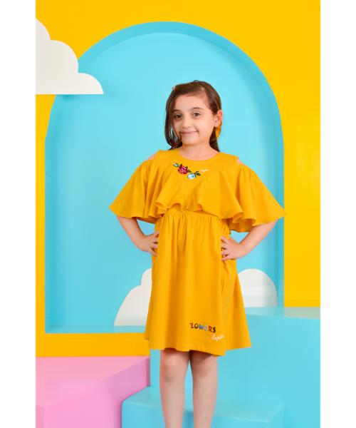 Solid Cotton Dress off shoulder For Girls - Mustard