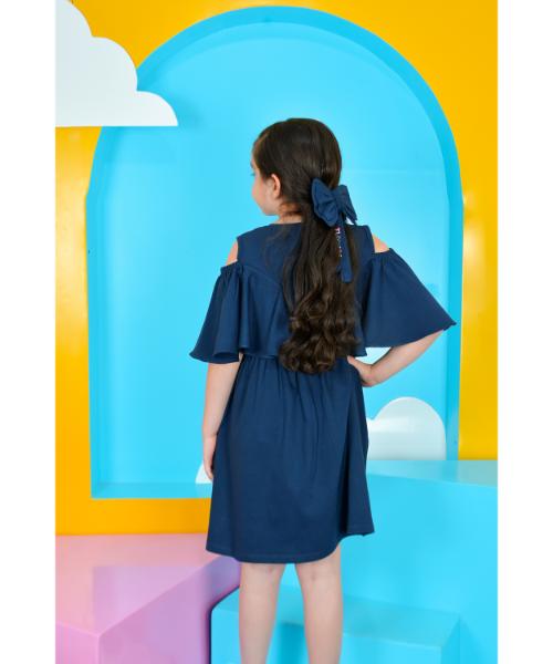 Solid Cotton Dress off shoulder For Girls - Navy