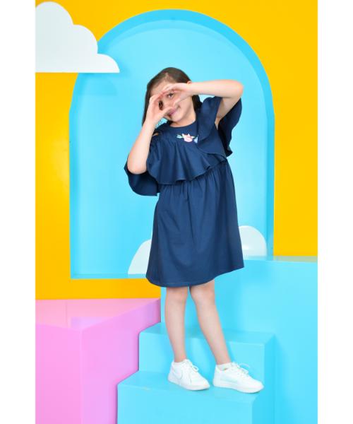 Solid Cotton Dress off shoulder For Girls - Navy